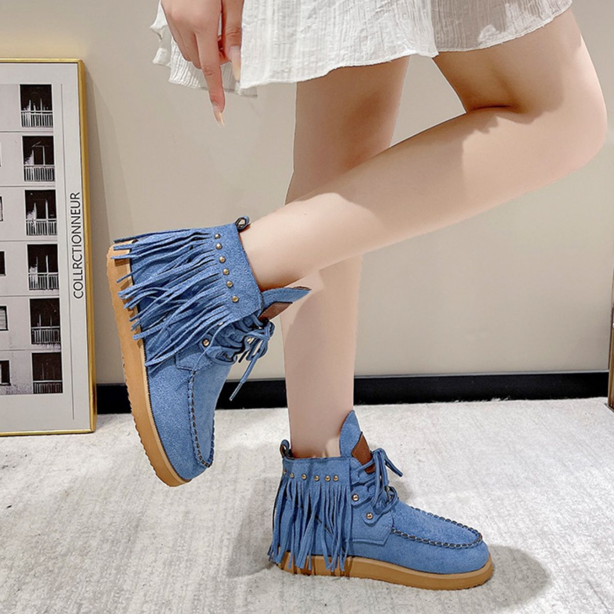 Fringe Studded Round Toe Canvas Boots - T - 3 COLORS -