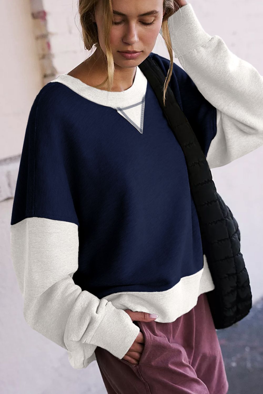 Color Block Round Neck Long Sleeve Sweatshirt - T - 3 COLORS -