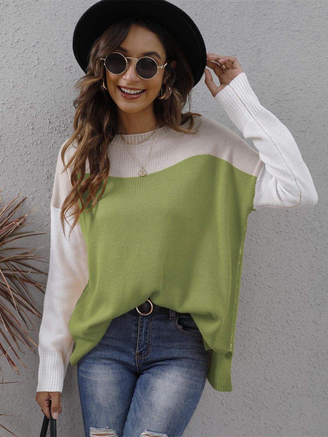 Color Block Round Neck Sweater - T - 3 COLORS -