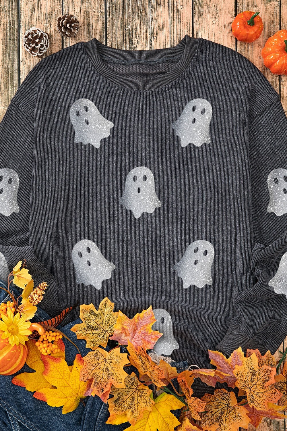 Glitter Ghost Round Neck Long Sleeve Sweatshirt - T - 3 COLORS -