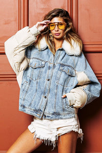 Thumbnail for BiBi Detachable Faux Fur Collar Puffer Denim Jacket - T - 1 COLOR -