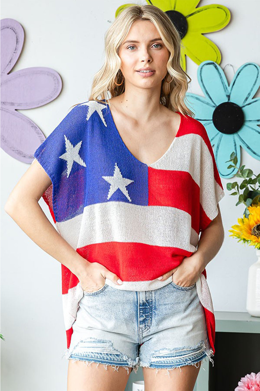 First Love Full Size USA Flag Drop Shoulder Knit Top - T - 1 COLOR -