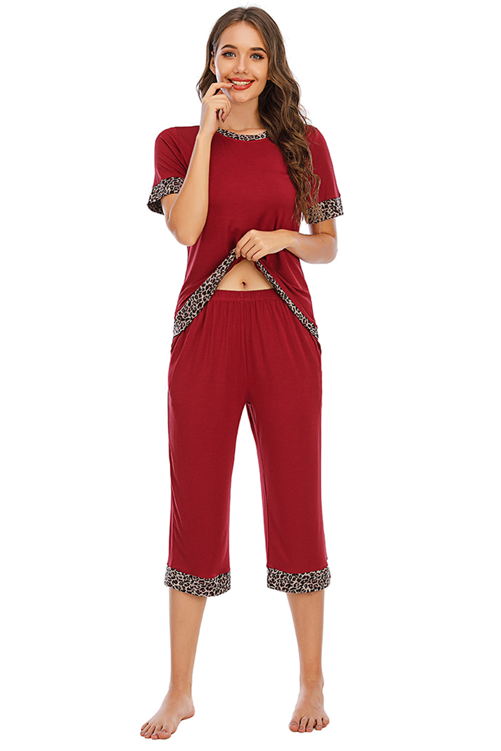 Round Neck Short Sleeve Top and Capris Pants Lounge Set - 2 PCS. - T - 3 COLORS -