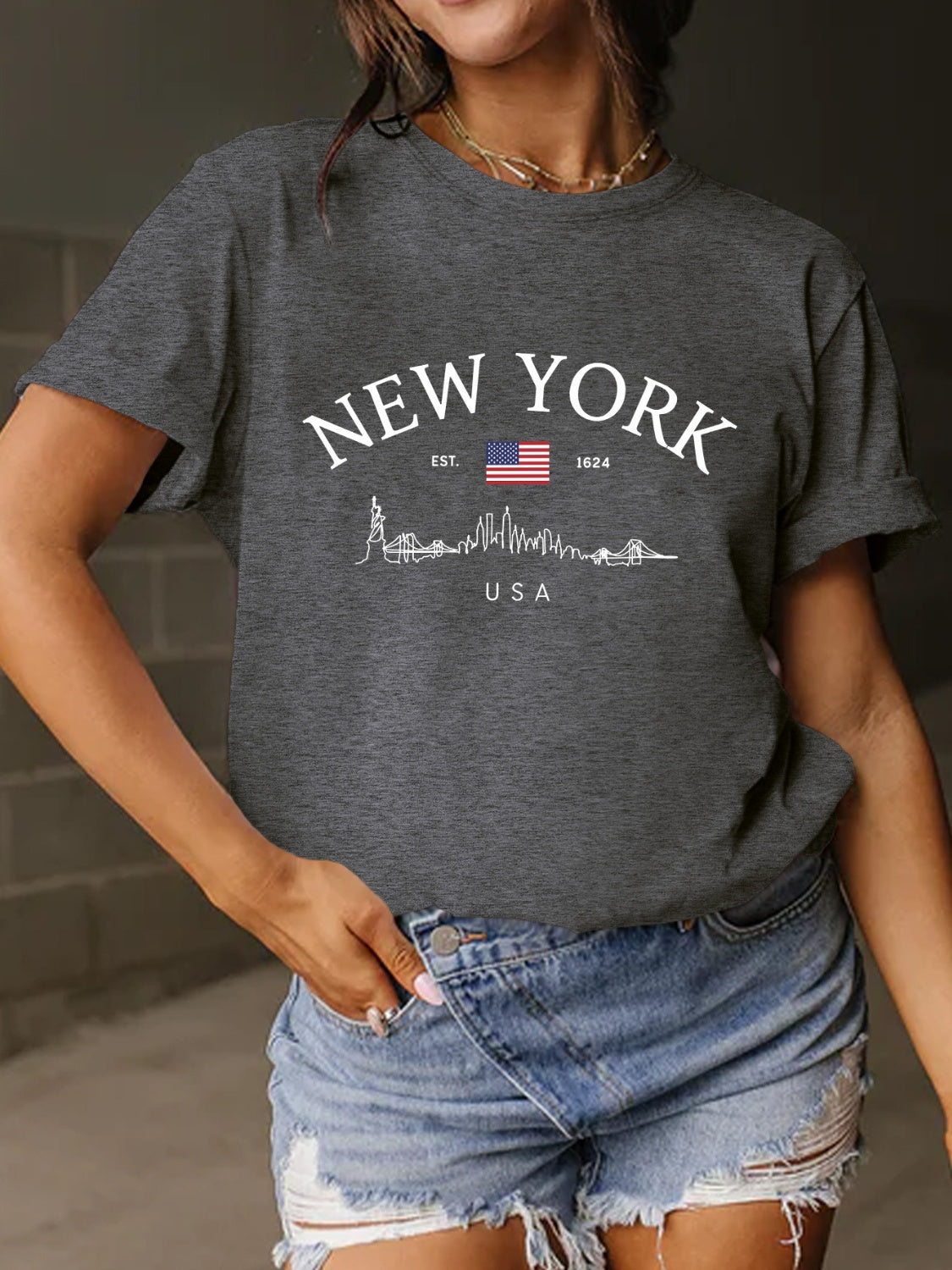 New York Skyline Letter Graphic Round Neck Short Sleeve T-Shirt - 10 COLORS -