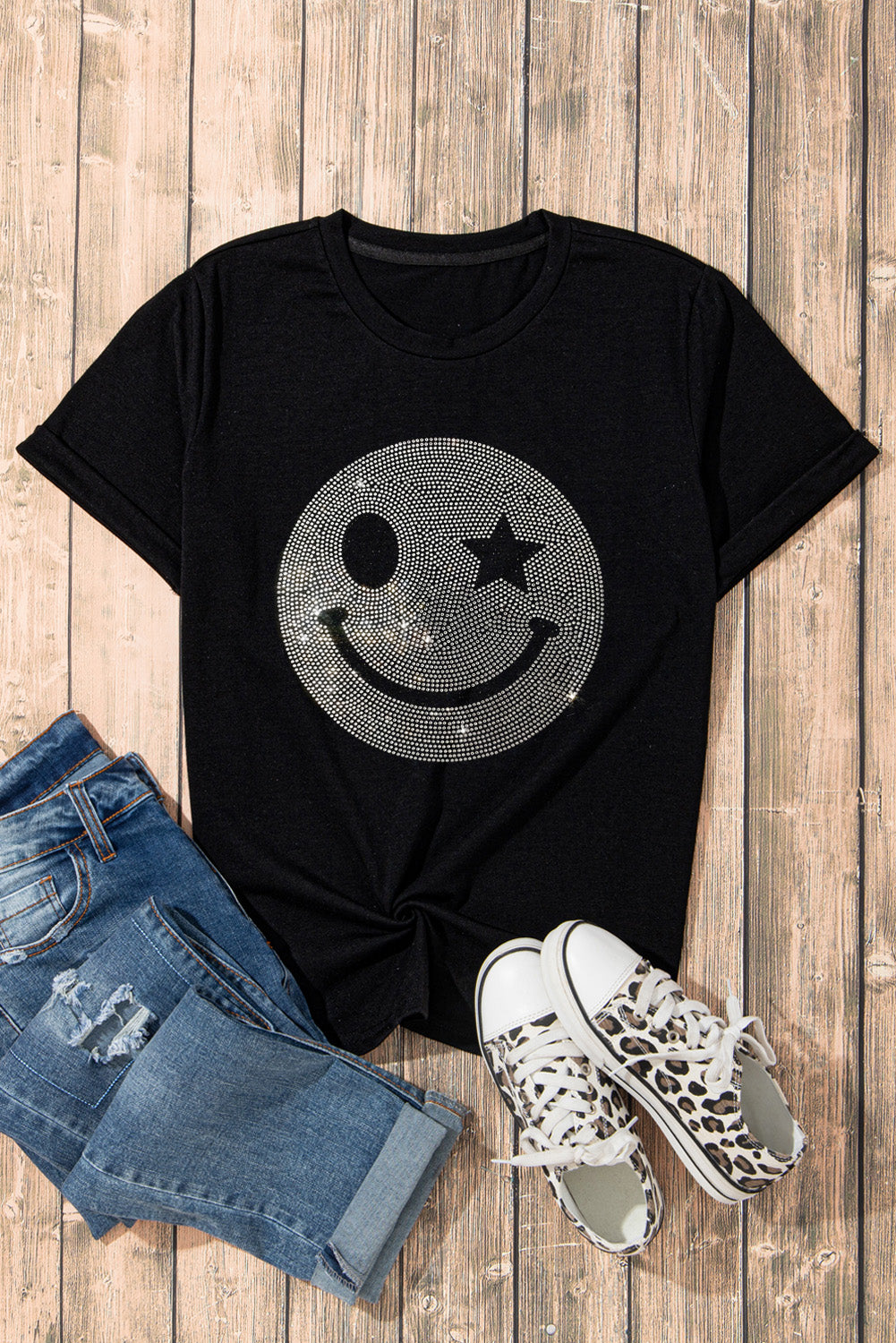 Rhinestone Print Smiley Round Neck Short Sleeve T-Shirt - T - 1 COLOR -