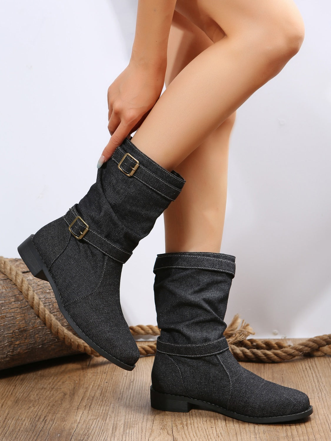 Double Buckle Block Heel Boots - T - 2 COLORS -