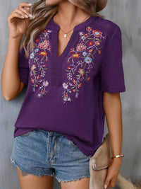 Thumbnail for Embroidered Notched Short Sleeve T-Shirt - T - 5 COLORS -