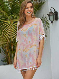 Thumbnail for Full Size Tassel Scoop Neck Half Sleeve Cover Up - T - 3 COLORS -