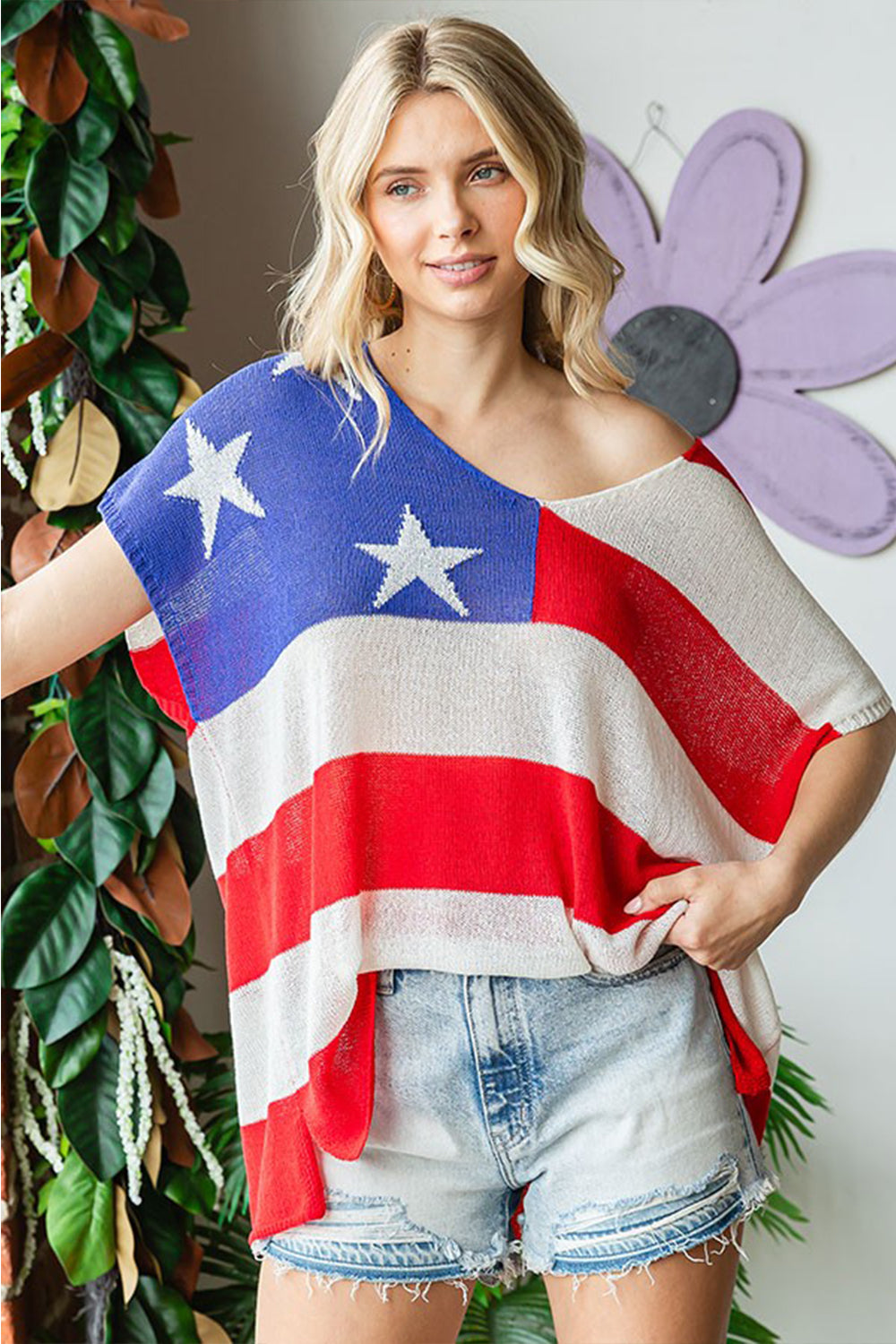 First Love Full Size USA Flag Drop Shoulder Knit Top - T - 1 COLOR -