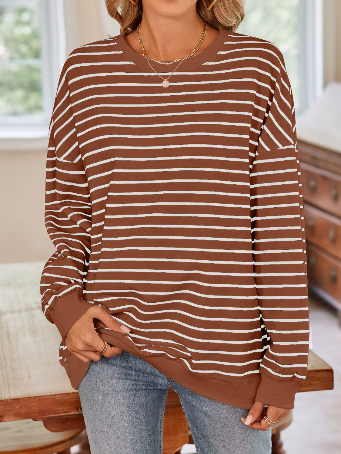 Striped Round Neck Long Sleeve Sweatshirt - T - 6 COLORS -