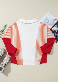 Thumbnail for Striped Johnny Collar Long Sleeve Sweatshirt - T - 1 COLOR -