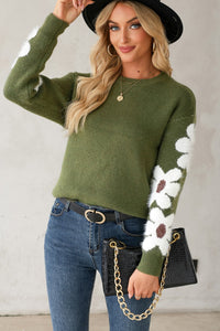 Thumbnail for Flower Round Neck Long Sleeve Sweater - T - 5 COLORS -