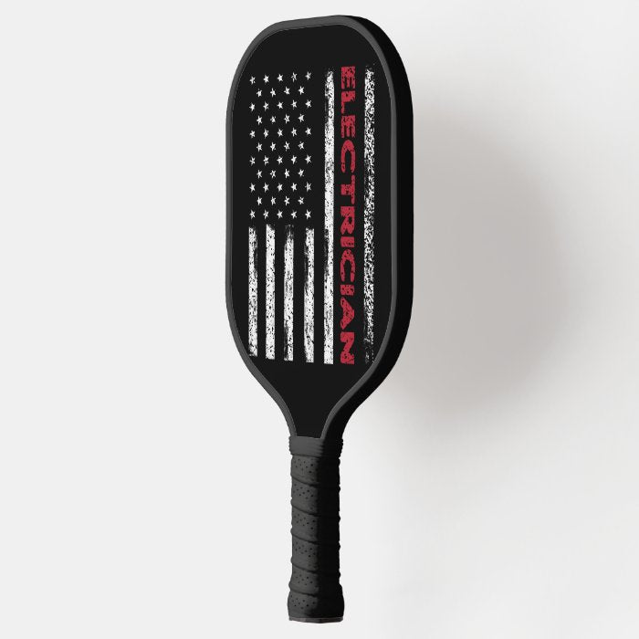 American Flag With Words Electrician Pickleball Paddle - 2 GRIP COLORS -