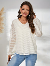 Thumbnail for Textured V-Neck Balloon Sleeve Blouse - T - 1 COLOR -