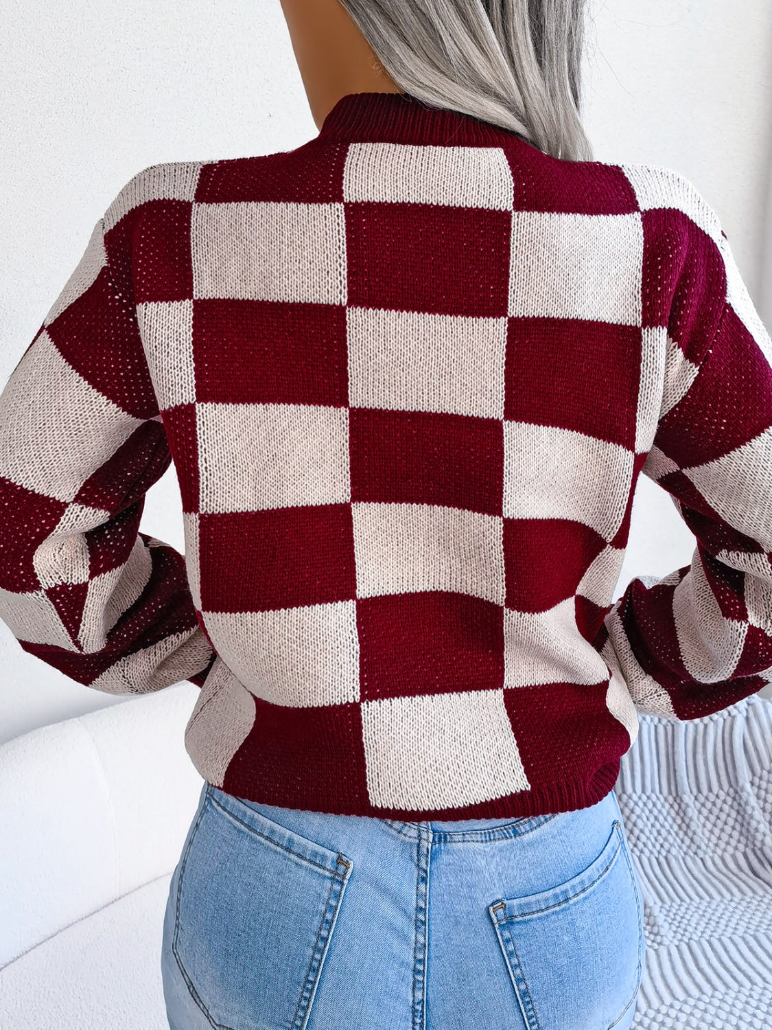 Checkered Mock Neck Long Sleeve Sweater - T - 4 COLORS -