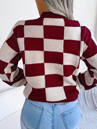 Thumbnail for Checkered Mock Neck Long Sleeve Sweater - T - 4 COLORS -