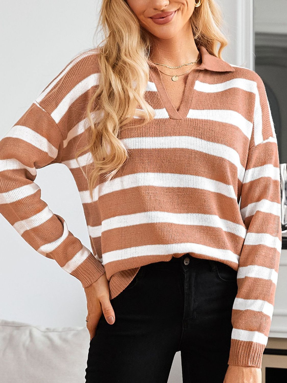 Striped Johnny Collar Long Sleeve Sweater - T - 3 COLORS -