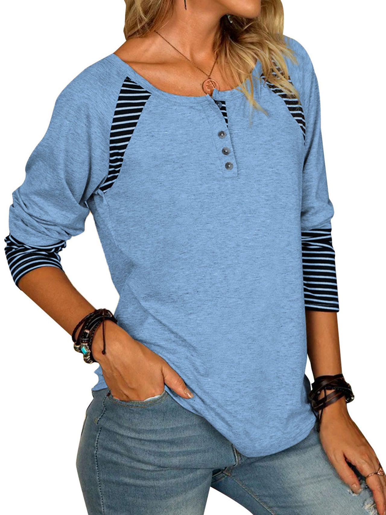 Full Size Striped Quarter Button Long Sleeve T-Shirt - T - 6 COLORS -