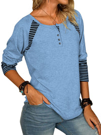 Thumbnail for Full Size Striped Quarter Button Long Sleeve T-Shirt - T - 6 COLORS -