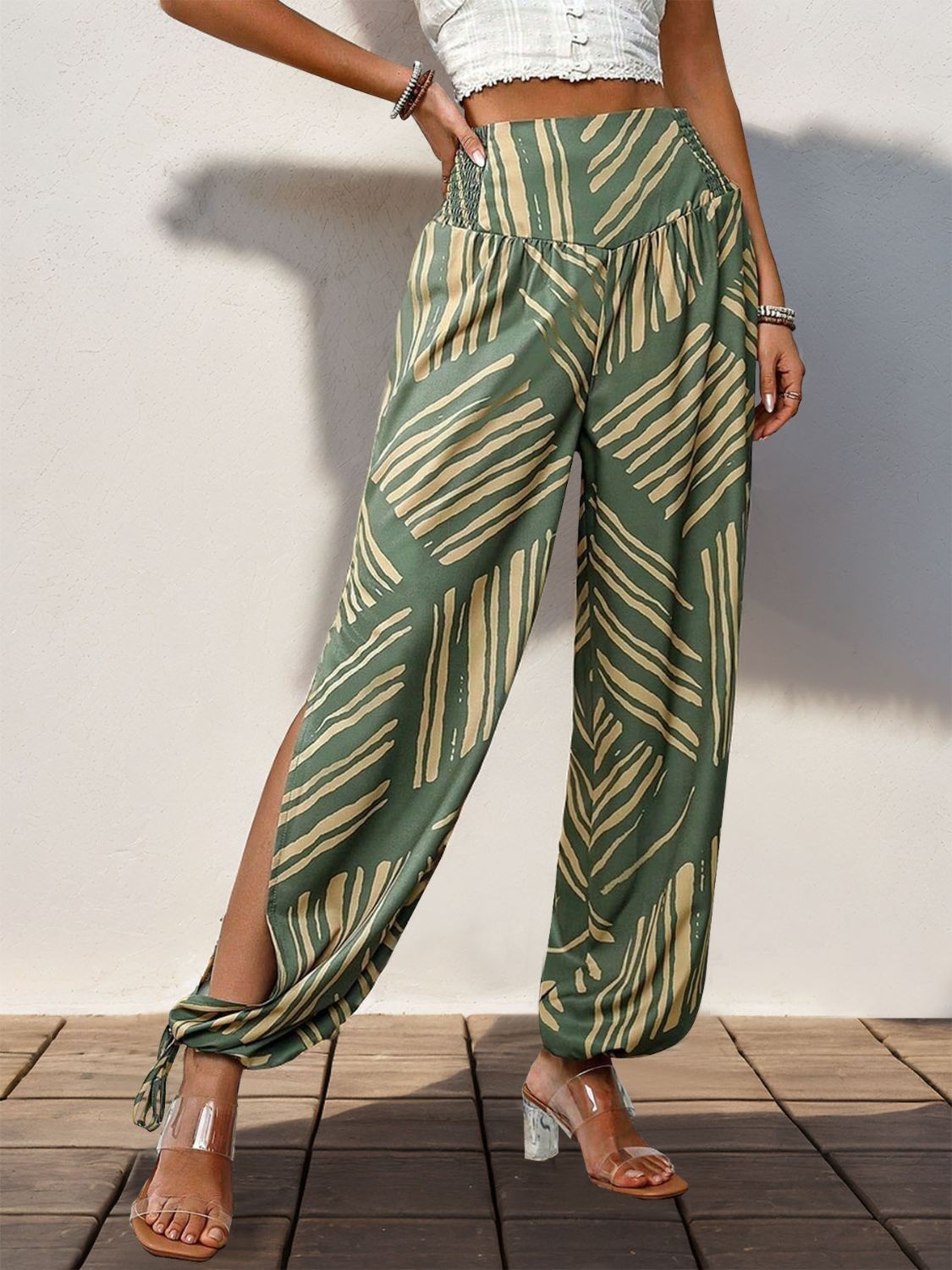 Smocked Slit Printed High Waist Pants - T - 1 COLOR -