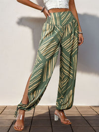 Thumbnail for Smocked Slit Printed High Waist Pants - T - 1 COLOR -