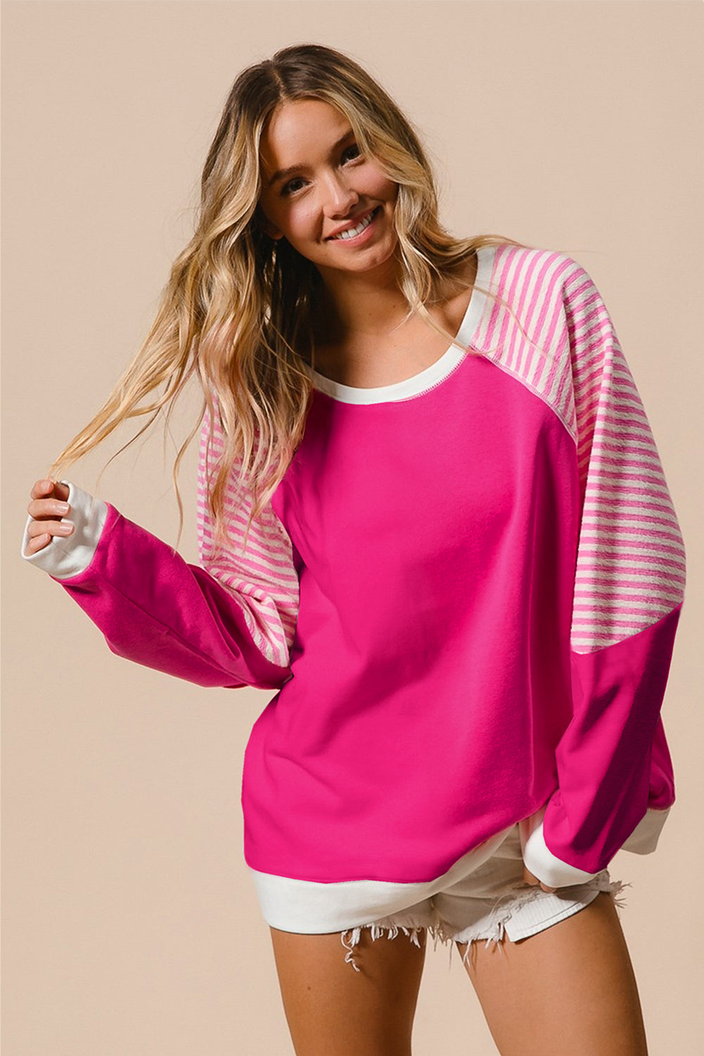 Striped Round Neck Long Sleeve Sweatshirt - T - 1 COLOR -