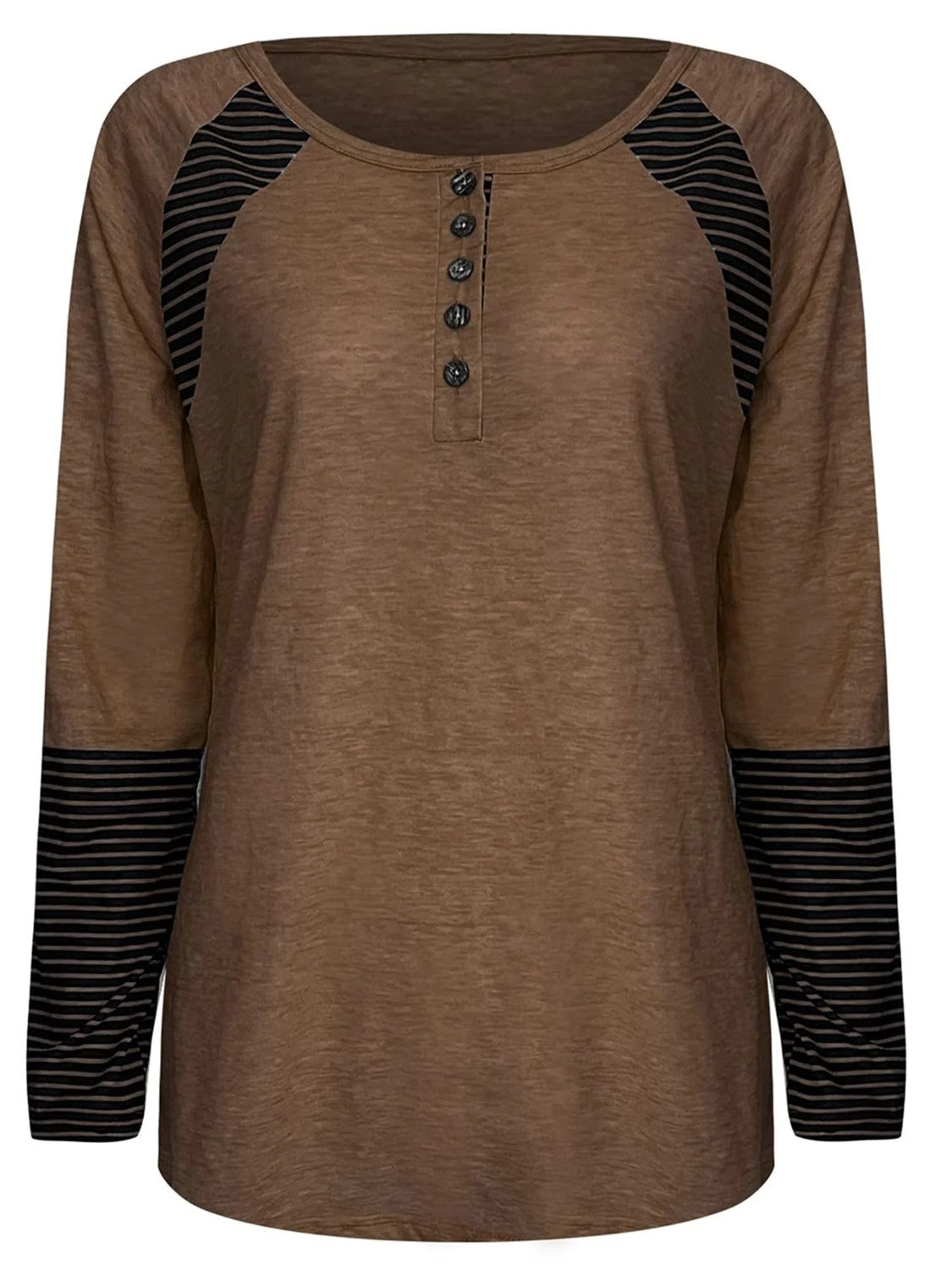 Full Size Striped Quarter Button Long Sleeve T-Shirt - T - 6 COLORS -