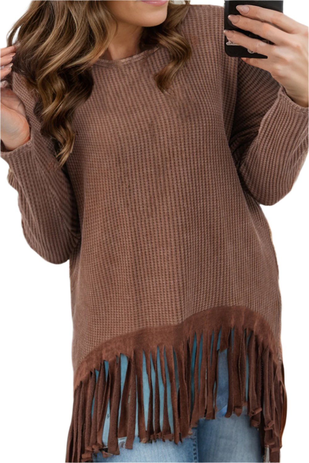 Fringe Round Neck Long Sleeve Top - T - 1 COLOR -