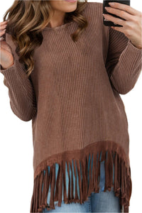 Thumbnail for Fringe Round Neck Long Sleeve Top - T - 1 COLOR -