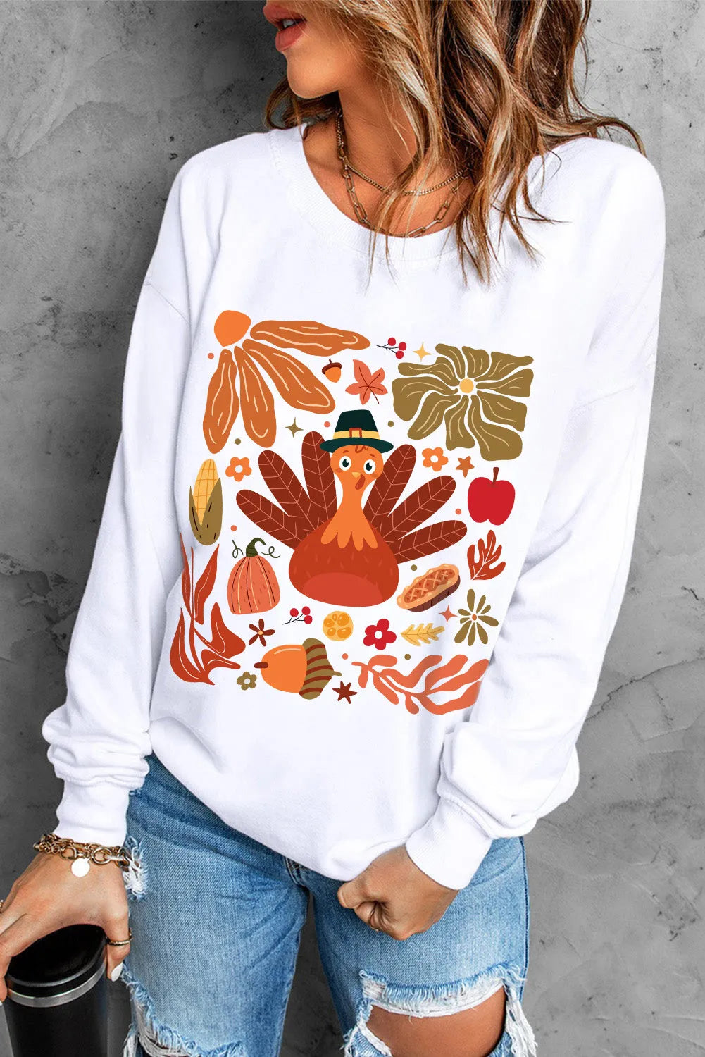 Graphic Round Neck Long Sleeve Sweatshirt - T - 1 COLOR -