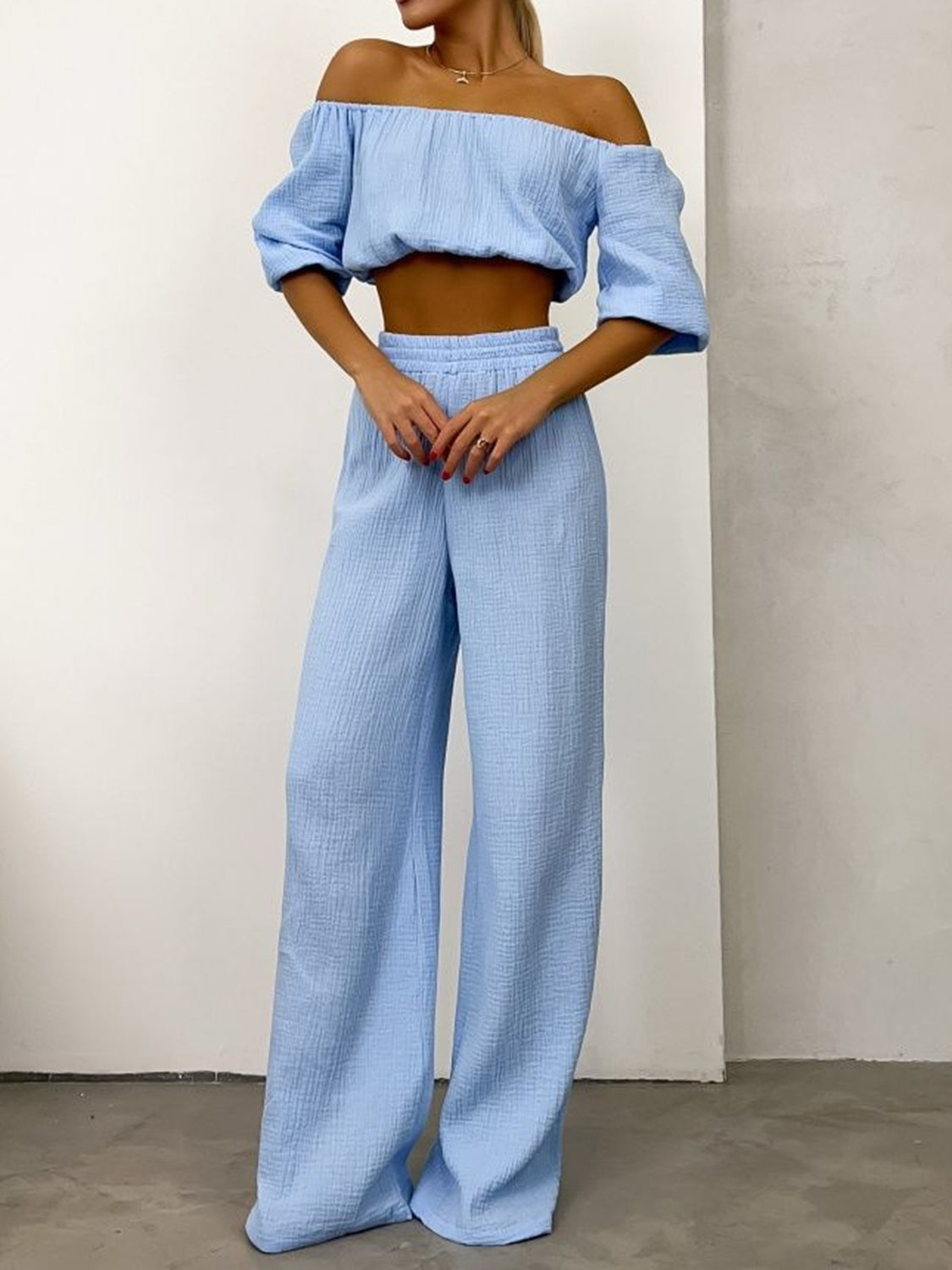 Off Shoulder Long Sleeve Top and Pants Set - 2 PCS. - T - 5 COLORS -