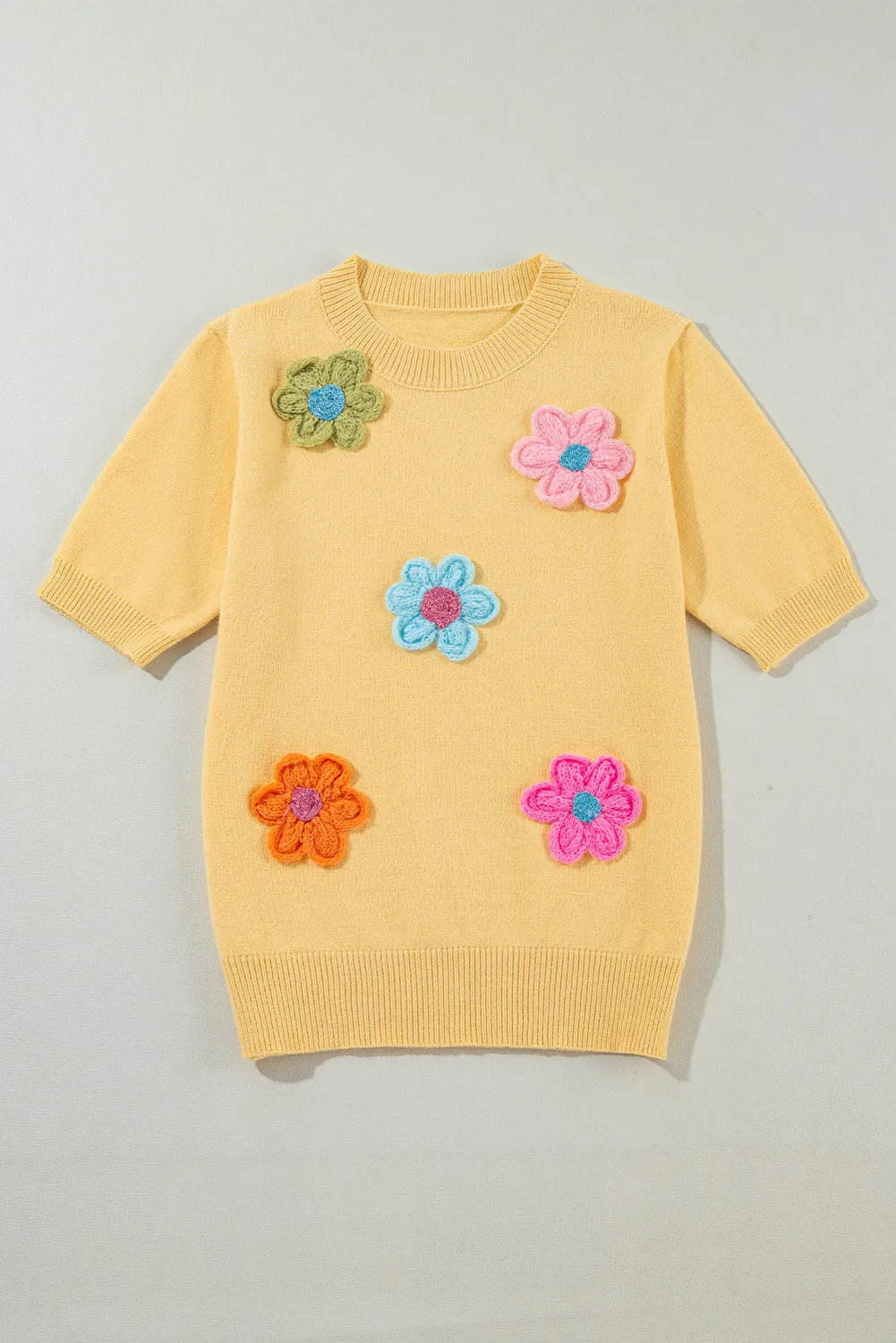 Flower Round Neck Short Sleeve Sweater - S,M,L ONLY - T - 1 COLOR -