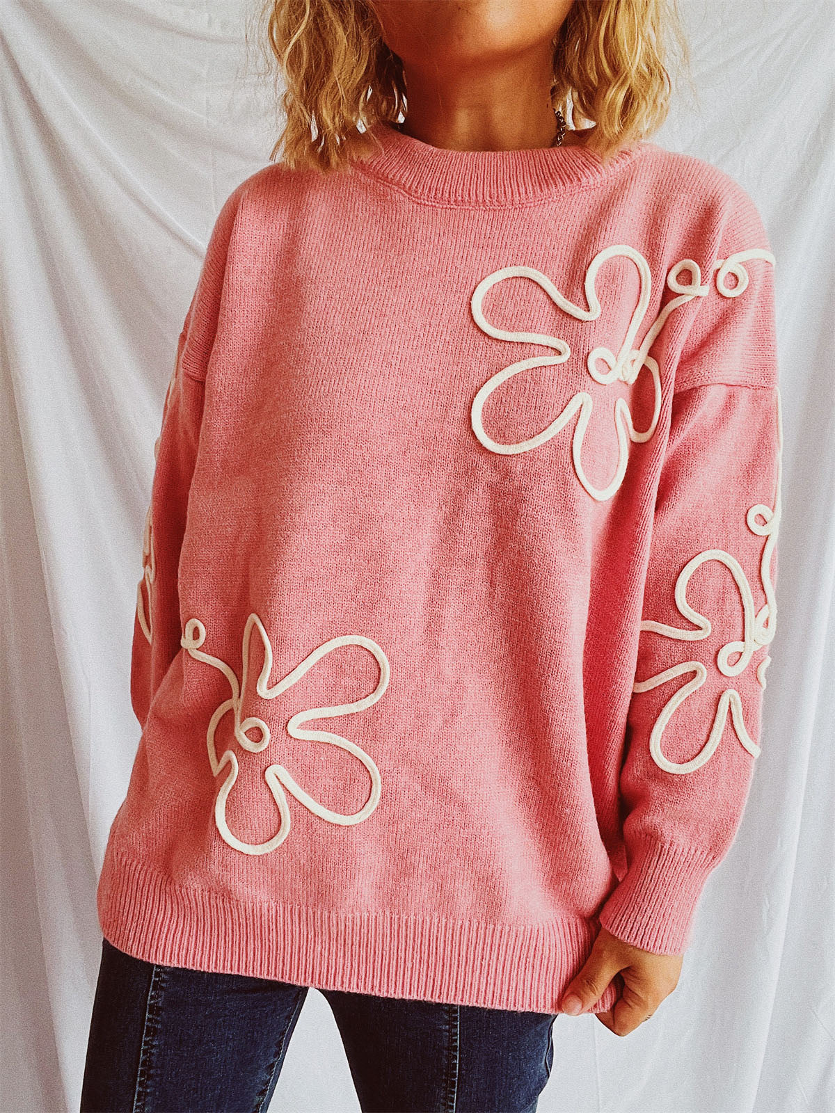 Flower Round Neck Long Sleeve Sweater - 1 OVERSIZE - T - 3 COLORS -