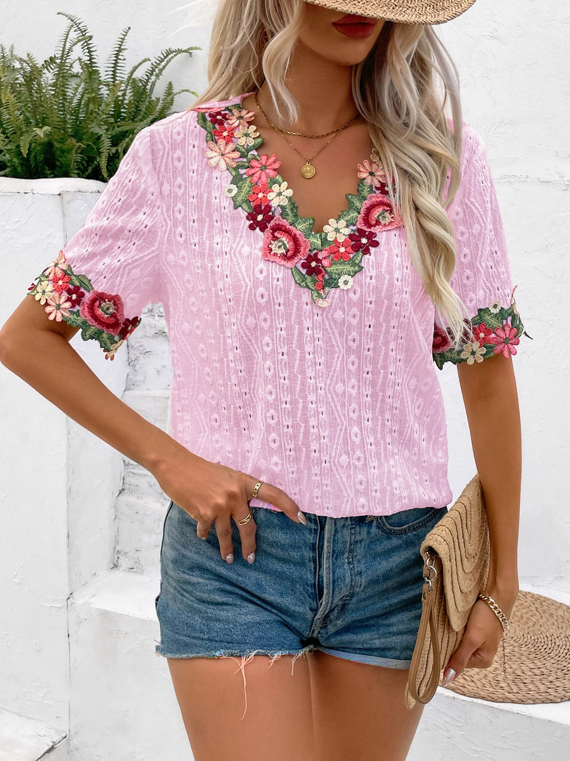 Eyelet Embroidered V-Neck Short Sleeve Blouse - T - 4 COLORS -