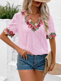 Thumbnail for Eyelet Embroidered V-Neck Short Sleeve Blouse - T - 4 COLORS -