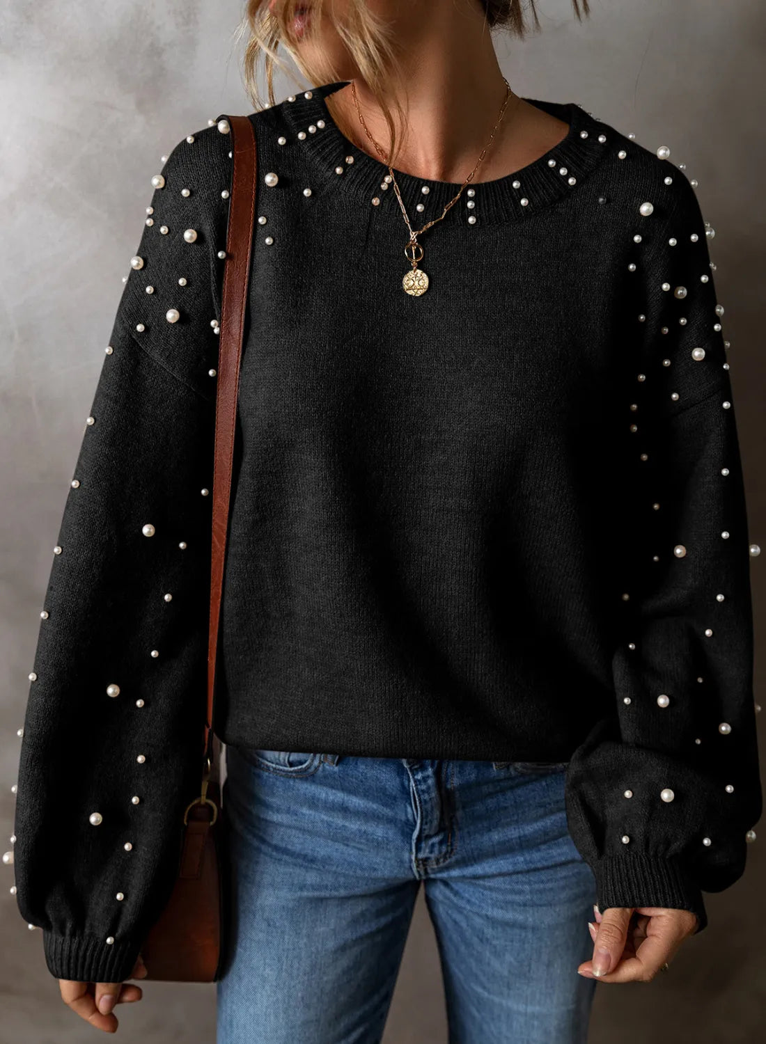 Pearl Detail Round Neck Long Sleeve Sweater - T - 4 COLORS -