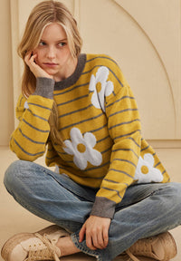 Thumbnail for Flower Stripe Round Neck Long Sleeve Sweater - T - 1 COLOR -