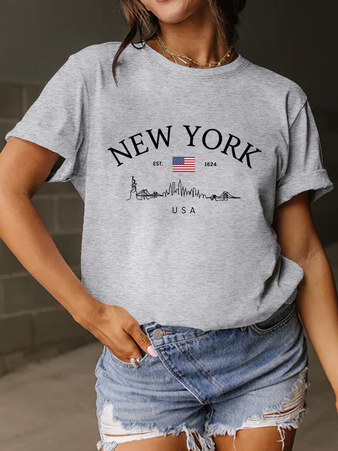 New York Skyline Letter Graphic Round Neck Short Sleeve T-Shirt - 10 COLORS -