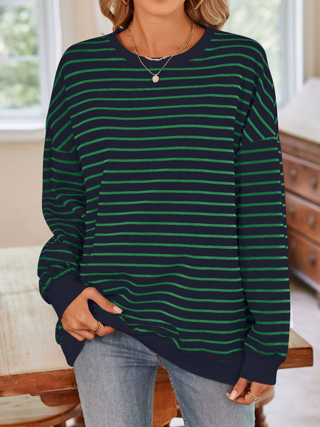 Striped Round Neck Long Sleeve Sweatshirt - T - 6 COLORS -