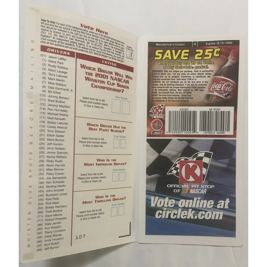 Vintage 2001 🏆 NASCAR Winston Cup Ballot, Year Tragic Loss Dale Earnhardt RIP!