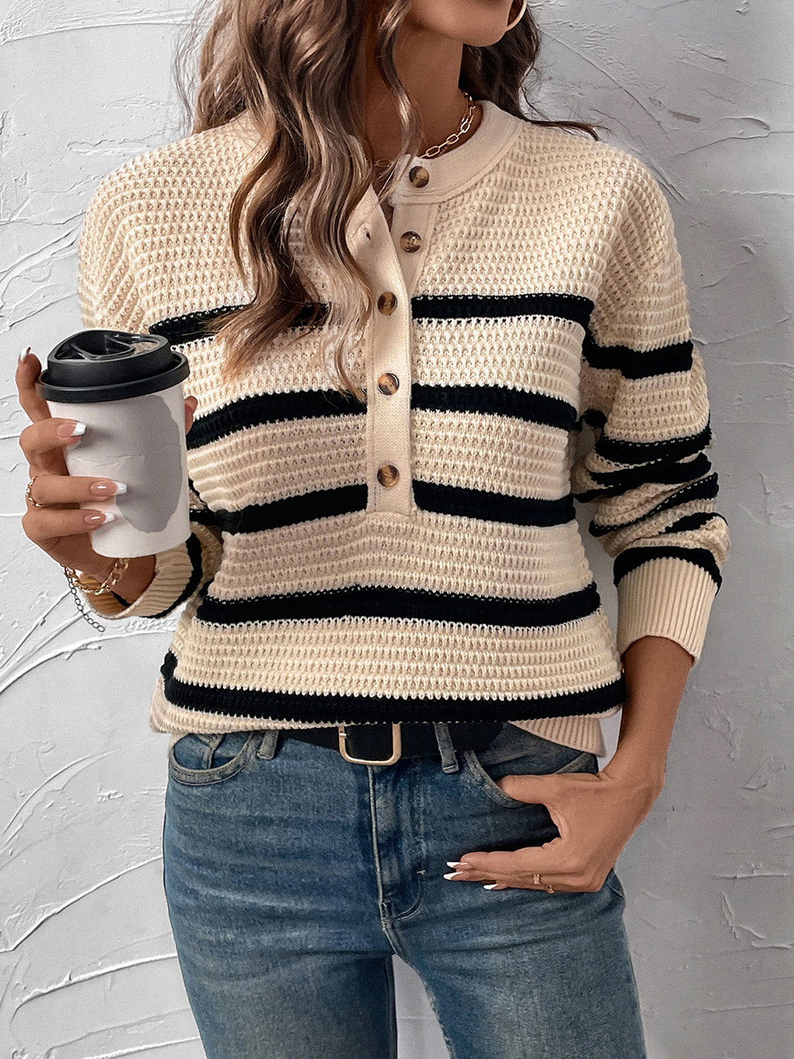 Perfee Striped Half Button Long Sleeve Sweater - T - 1 COLOR -