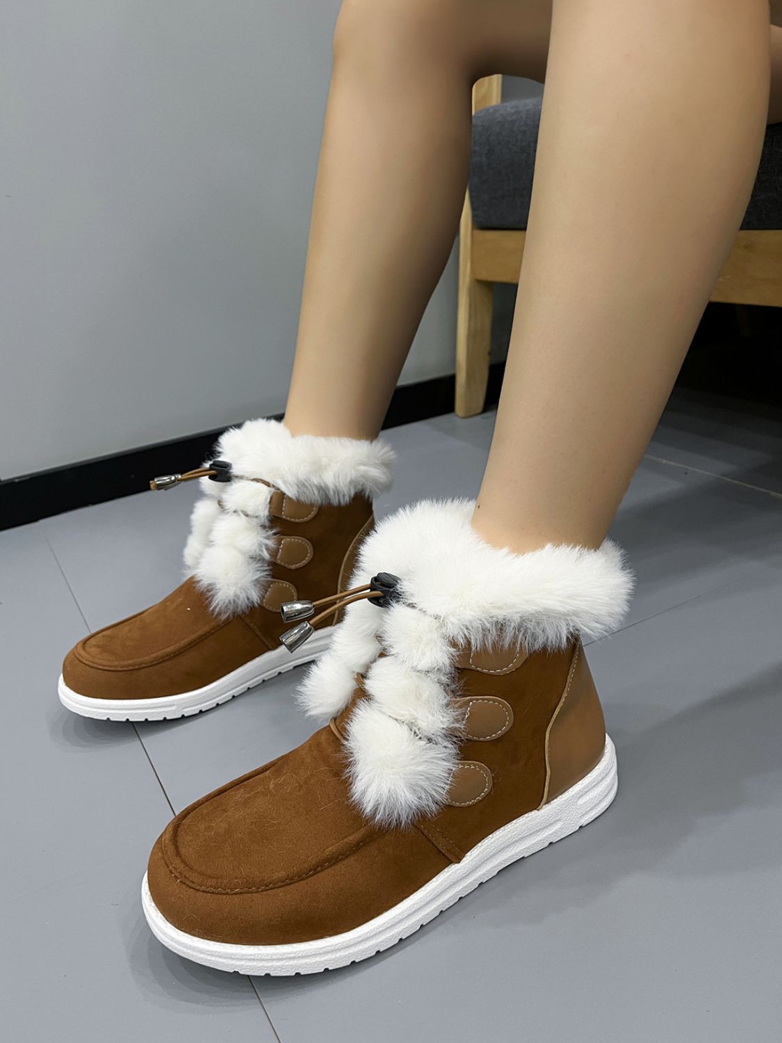 Plush Detail Suede Round Toe Boots - T - 2 COLORS -