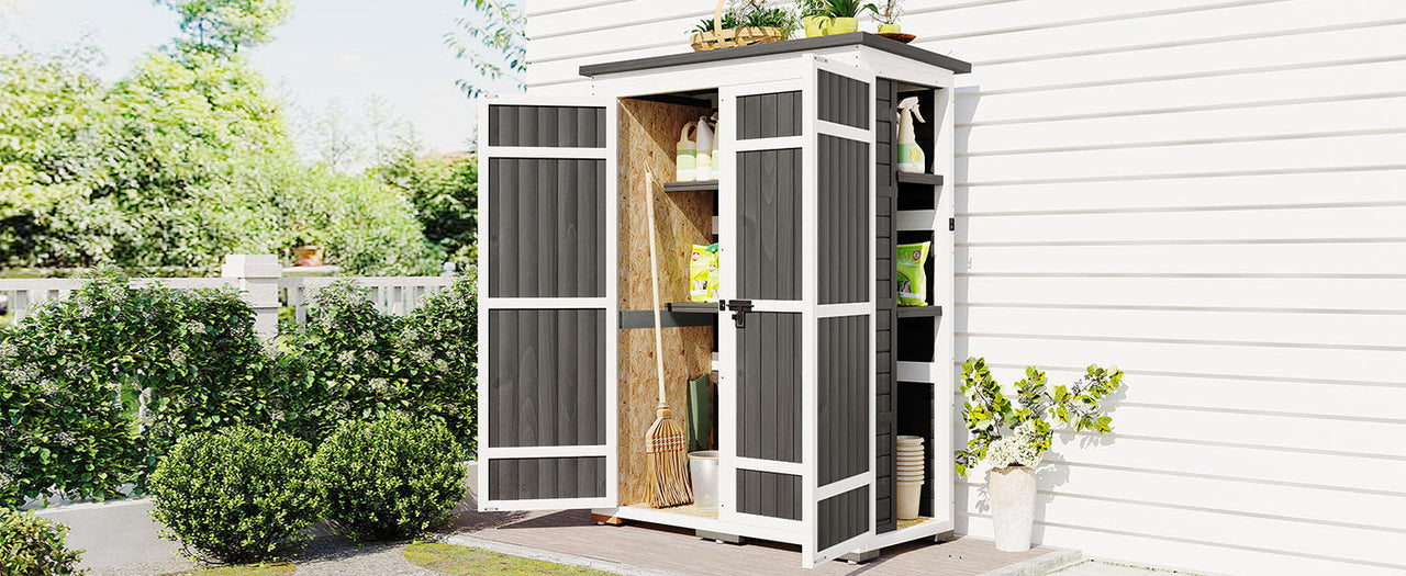 Outdoor 5.5ft Hx4.1ft L Wood Storage Shed, Garden Tool Cabinet With Waterproof Asphalt Roof, Four Lockable Doors, Multip