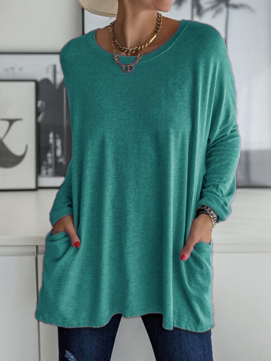 Full Size Round Neck Drapey Long Sleeve T-Shirt - SIZES S THRU 3XL - T - 6 COLORS -