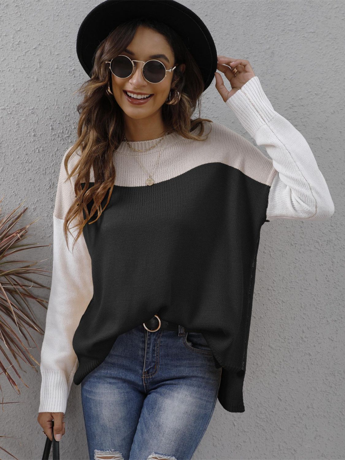 Color Block Round Neck Sweater - T - 3 COLORS -