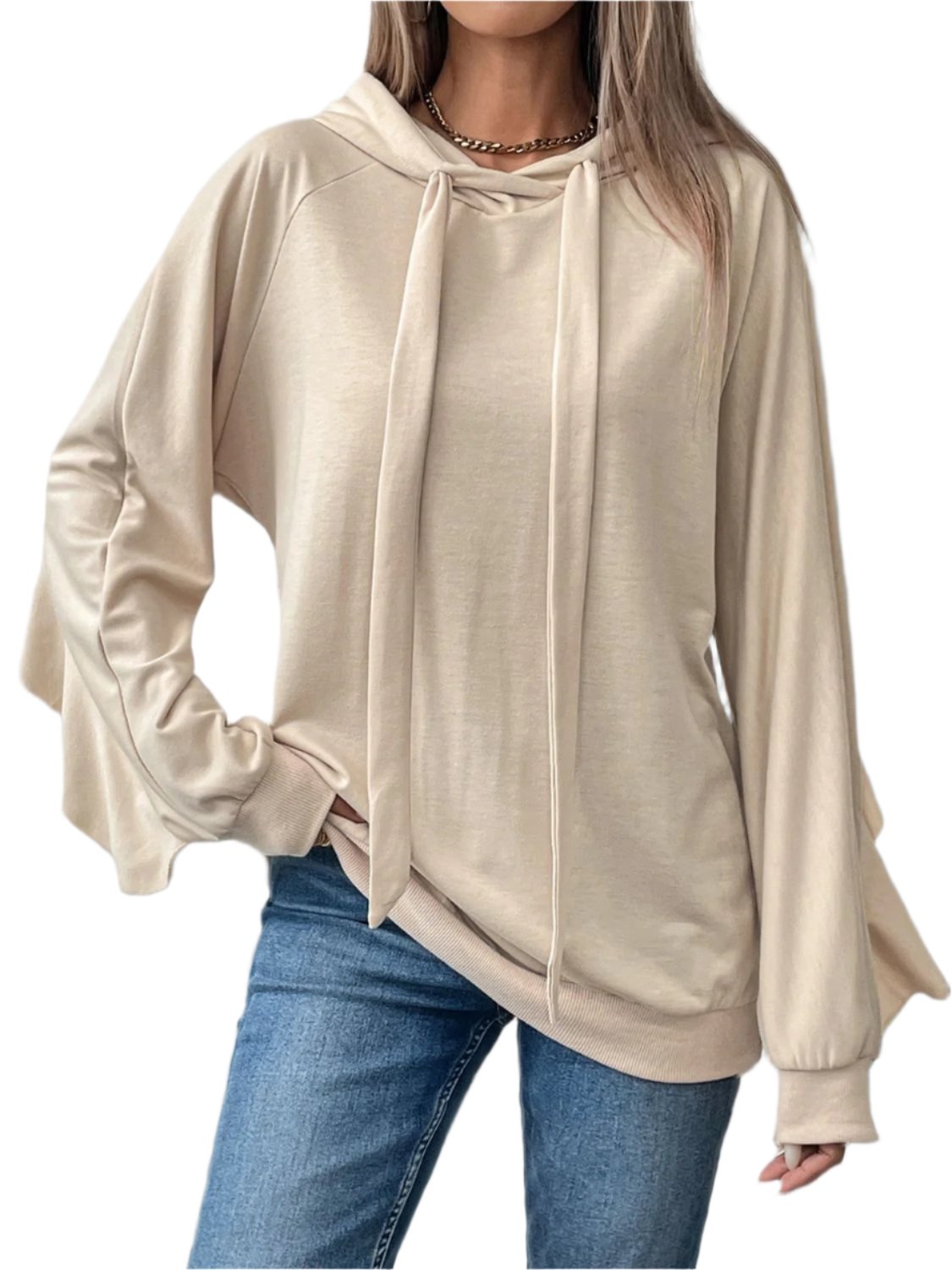 Perfee Drawstring Ruffled Long Sleeve Hoodie - T - 1 COLOR -