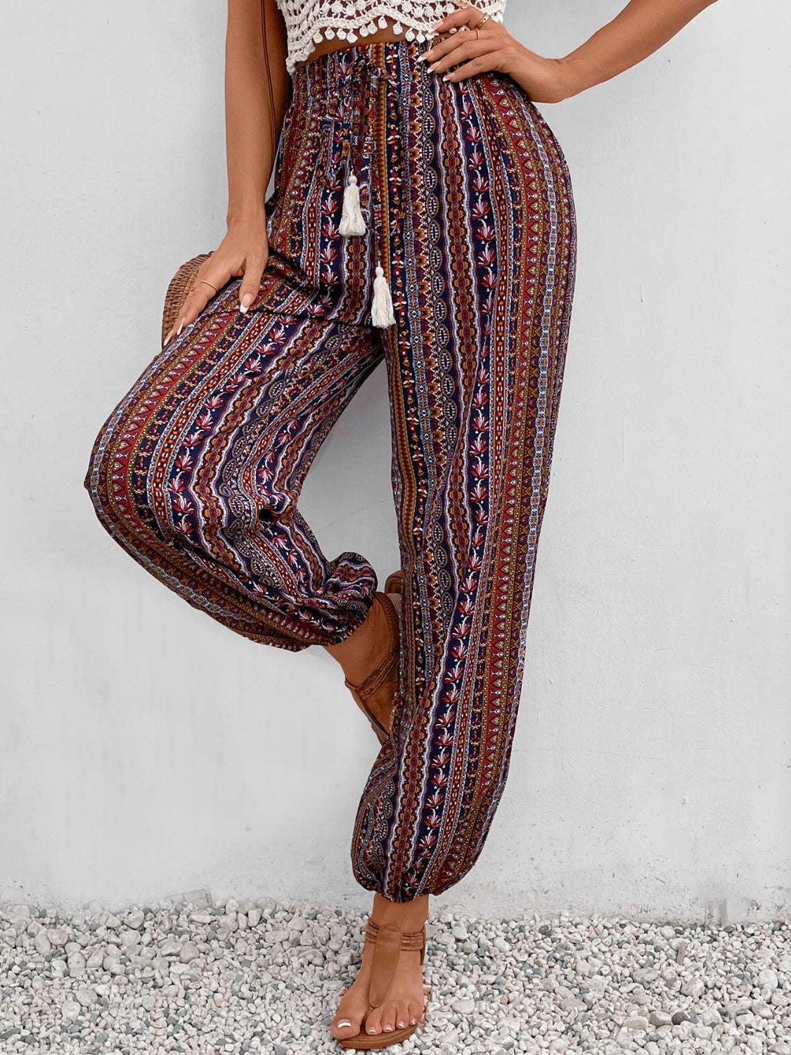 Tassel Printed High Waist Pants - T - 1 COLOR -