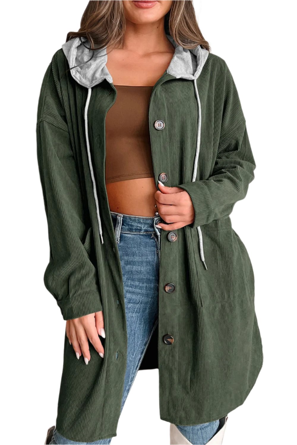 Drawstring Button Up Long Sleeve Hooded Jacket - T - 2 COLORS -