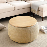 Thumbnail for Round Storage Ottoman, 2 in 1 Function, Work as End Table and Ottoman, Natural (25.5