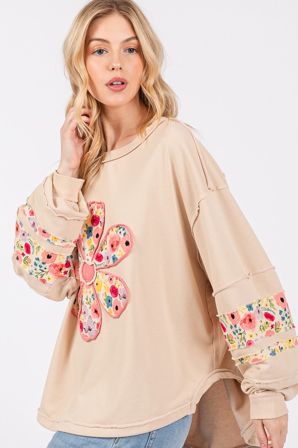 SAGE + FIG Daisy Patch Applique Long Sleeve Sweatshirt - T - 1 COLOR -